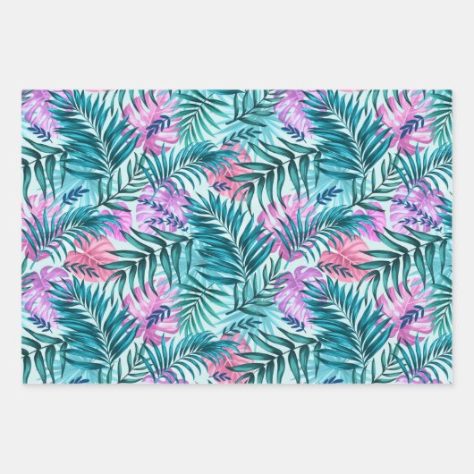Roze en Blauwgroen tropische palmen en zwarte blad Inpakpapier Vel (Voorkant 2)