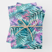 Roze en Blauwgroen tropische palmen en zwarte blad Inpakpapier Vel (In situ)