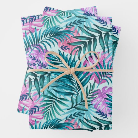 Roze en Blauwgroen tropische palmen en zwarte blad Inpakpapier Vel (In situ)