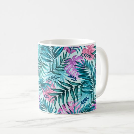 Roze en Blauwgroen tropische palmen en zwarte blad Koffiemok (Voorkant rechts)