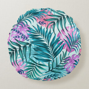 Roze en Blauwgroen tropische palmen en zwarte blad Rond Kussen