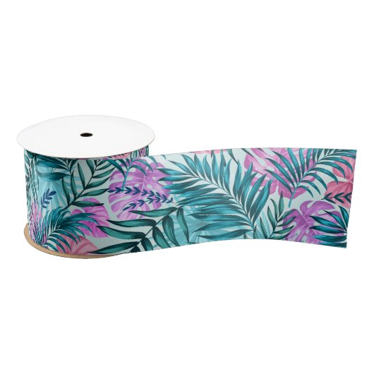 Roze en Blauwgroen tropische palmen en zwarte blad Satijnen Lint (Spoel)