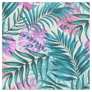Roze en Blauwgroen tropische palmen en zwarte blad Stof