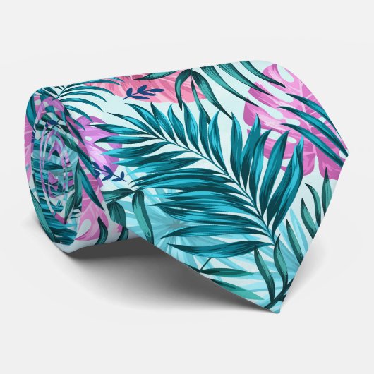 Roze en Blauwgroen tropische palmen en zwarte blad Stropdas (Opgerold)