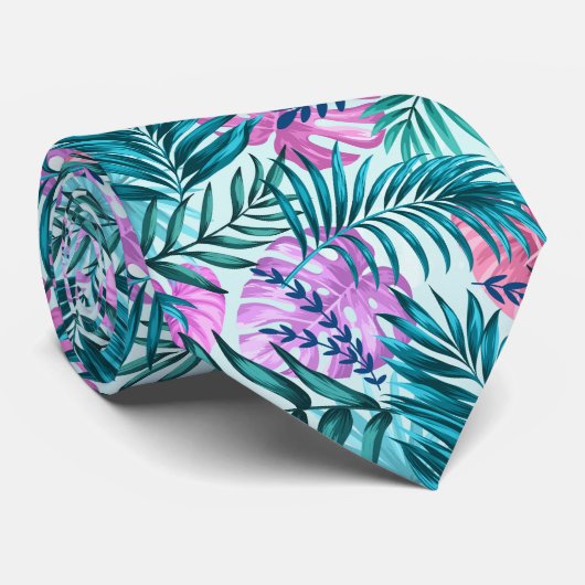 Roze en Blauwgroen tropische palmen en zwarte blad Stropdas (Opgerold)