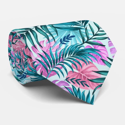 Roze en Blauwgroen tropische palmen en zwarte blad Stropdas (Opgerold)