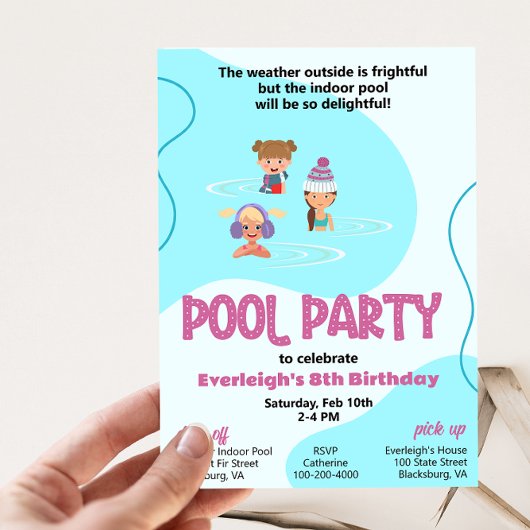 Roze en Blauwgroen Winter Pool Party Invitation Kaart