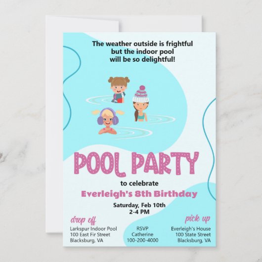 Roze en Blauwgroen Winter Pool Party Invitation Kaart (Voorkant)