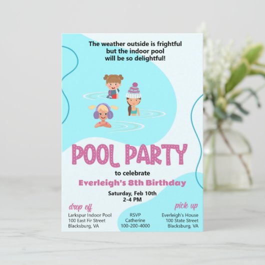 Roze en Blauwgroen Winter Pool Party Invitation Kaart (Staand voorkant)