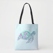 Roze en Blauwgroen Zee Schildpad op blauw Tote Bag (Voorkant)