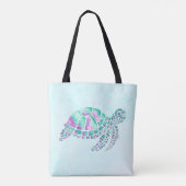 Roze en Blauwgroen Zee Schildpad op blauw Tote Bag (Achterkant)