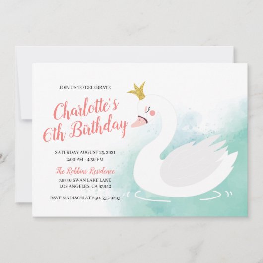 Roze en Blauwgroen Zwaan Prinses Meisje Verjaardag Kaart (Voorkant)