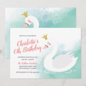 Roze en Blauwgroen Zwaan Prinses Meisje Verjaardag Kaart (Voorkant / Achterkant)