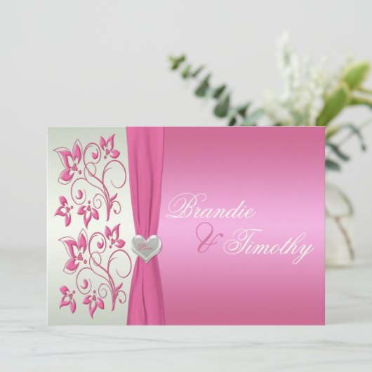 Roze en Bleke groene Floral Wedding Kaart (Staand voorkant)