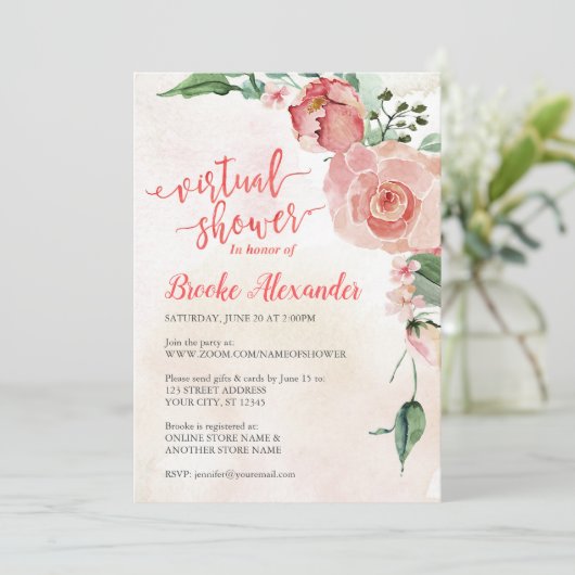 Roze en bloemen virtuele douche kaart (Staand voorkant)