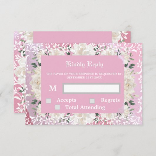 Roze en bloemige RSVP & Respons Kaart (Voorkant / Achterkant)