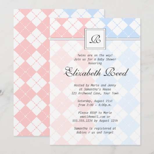 Roze en Blue Argyle Baby shower met tweelingen Kaart (Voorkant / Achterkant)