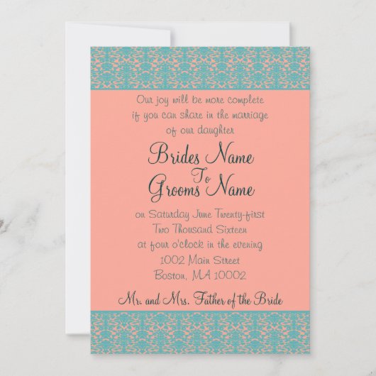Roze en Blue Damask Wedding of Party Invitations Kaart (Voorkant)