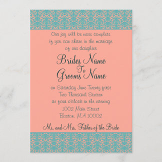 Roze en Blue Damask Wedding of Party Invitations Kaart