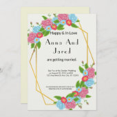 Roze en Blue Garden Wedding Invitation Kaart (Voorkant / Achterkant)