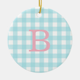 Roze en Blue Gingham Monogram Keramisch Ornament