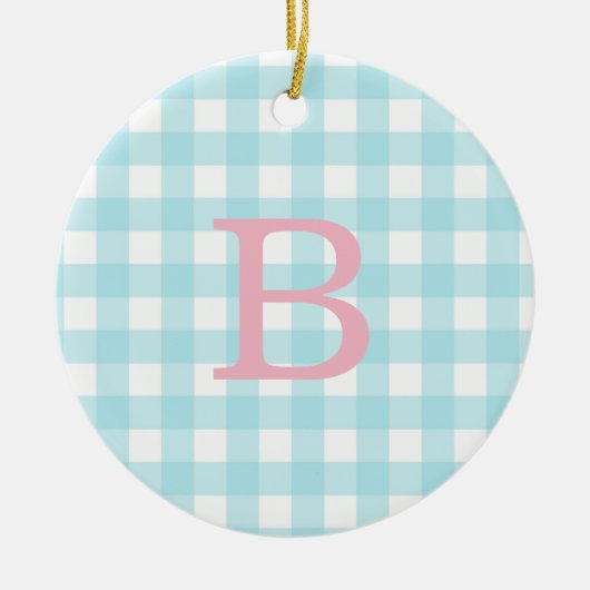 Roze en Blue Gingham Monogram Keramisch Ornament (Voorkant)
