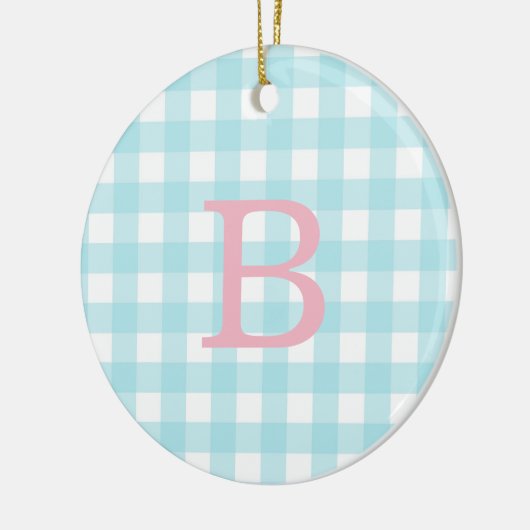 Roze en Blue Gingham Monogram Keramisch Ornament (Links)