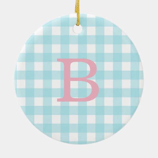 Roze en Blue Gingham Monogram Keramisch Ornament (Achterkant)