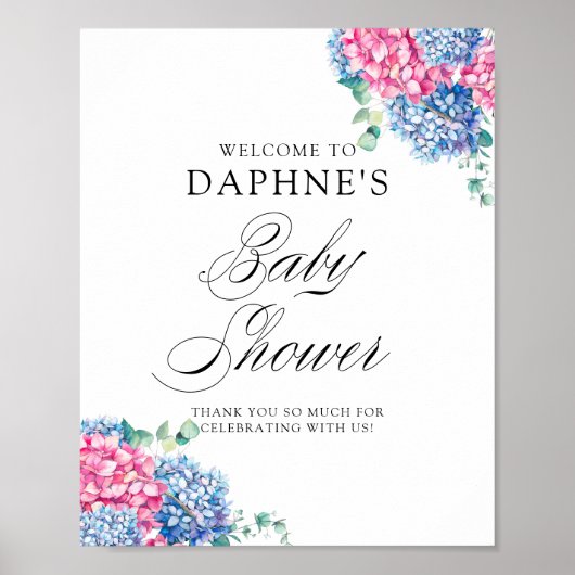 Roze en Blue Hydrangeas Baby shower Welkom Poster (Voorkant)