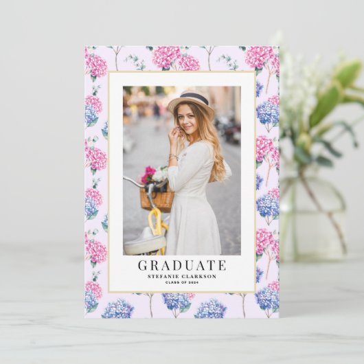 Roze en Blue Hydrangeas Floral Afstuderen Foto Kaart (Staand voorkant)