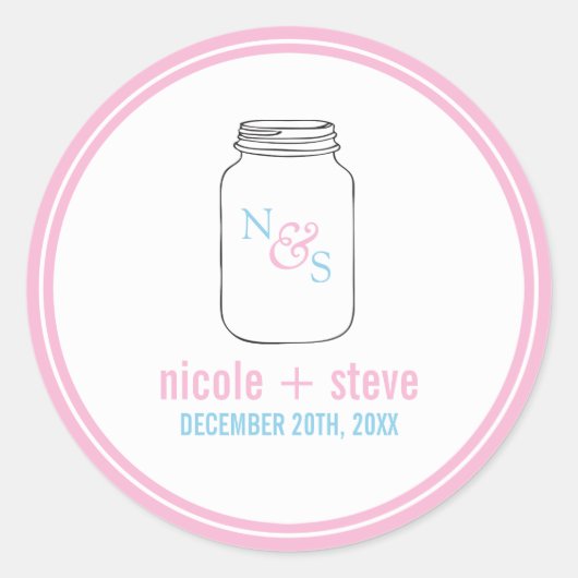 Roze en Blue Mason Jar Monogram Weddenschap Ronde Sticker (Voorkant)