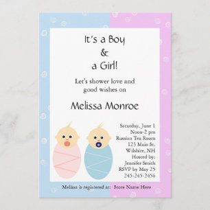 Roze en Blue Twins Baby shower Invitation Kaart