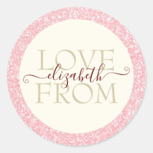 Roze en Blush Glitter Love from Name Custom Ronde Sticker