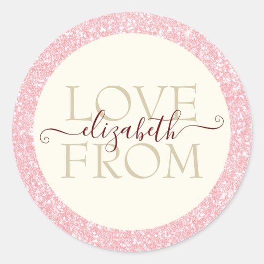 Roze en Blush Glitter Love from Name Custom Ronde Sticker (Voorkant)