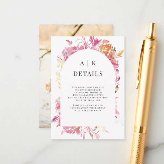 Roze en Blush Waterverf Flower Arch Details Informatiekaartje (Voorkant / Achterkant in situ)