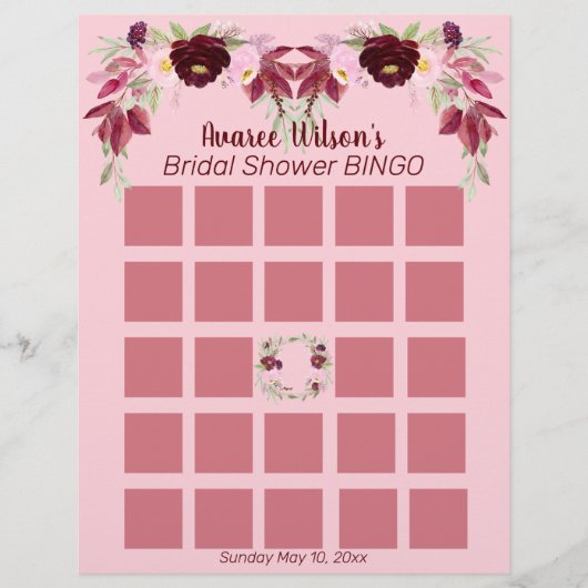 Roze en bordeauxrood aquarel bruidsdouche bingo flyer (Voorkant)