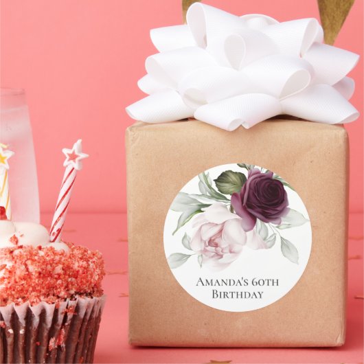 Roze en Bourgogne Bloemen 60e Verjaardagsfeest Ronde Sticker (Feest)