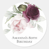 Roze en Bourgogne Bloemen 80ste Verjaardagsfeest Ronde Sticker (Voorkant)
