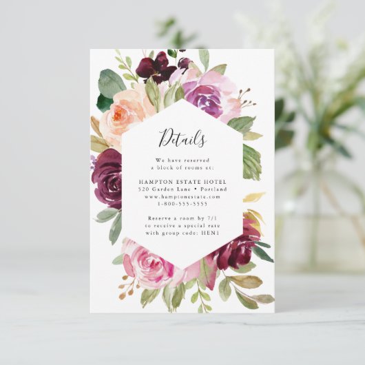 Roze en Bourgogne Bloemen Bruiloft Details Kaart (Staand voorkant)