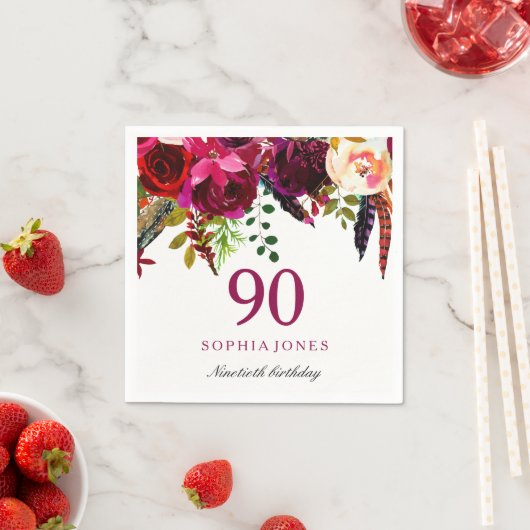Roze en Bourgogne Boho Floral 90e verjaardag Servet (Insitu)