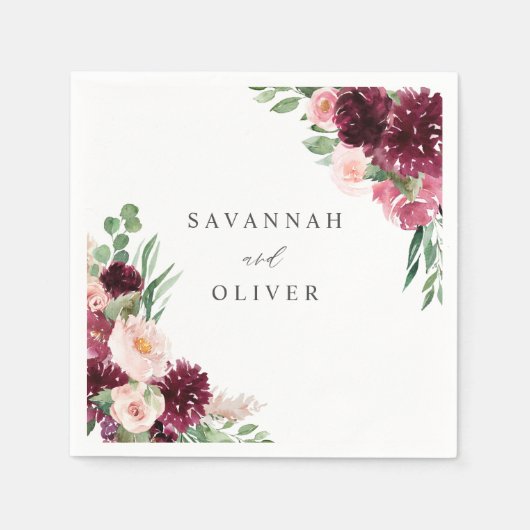 Roze en Bourgogne Floral 7 Naam Napkins Servet (Voorkant)