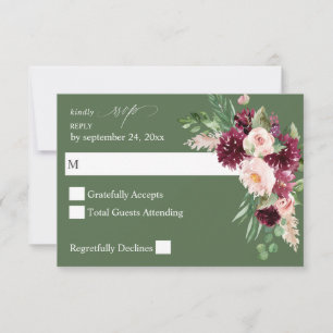 Roze en Bourgogne Floral 7 no Meal RSVP - Green V3 Kaartje