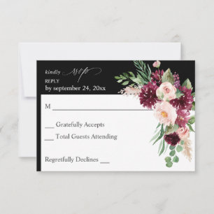 Roze en Bourgogne Floral 7 no Meal RSVP - zwart Kaartje