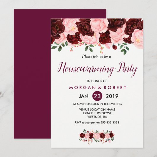 Roze en Bourgogne Floral Housewarming Party Invite Kaart (Voorkant / Achterkant)