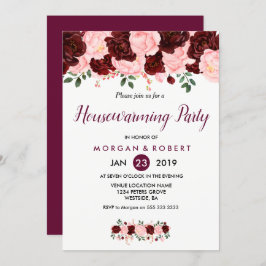 Roze en Bourgogne Floral Housewarming Party Invite Kaart