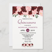 Roze en Bourgogne Floral Quinceanera Uitnodiging (Voorkant)