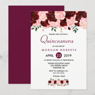 Roze en Bourgogne Floral Quinceanera Uitnodiging