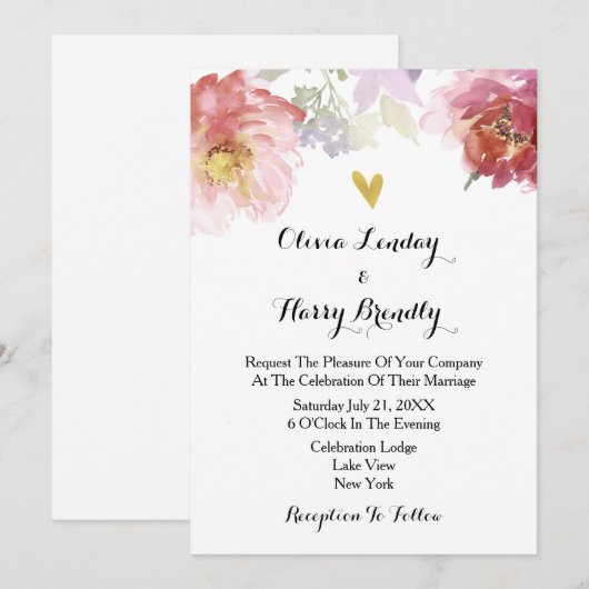 Roze en Bourgogne Marsala Floral Wedding Kaart (Voorkant / Achterkant)