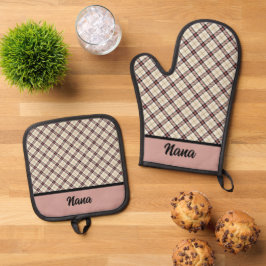 Roze en Bourgogne Plaid Ovenwant & Pannenlap Set