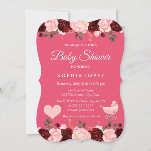 Roze en Bourgogne Roos Baby shower Kaart (Voorkant)